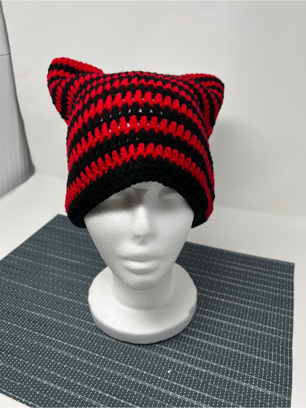 Striped Knit Cat Ear Beanie - Red & Black